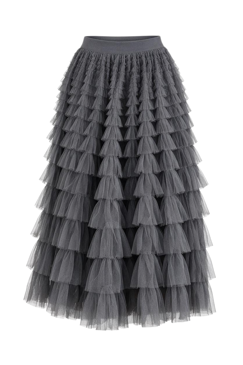 Trestles Clothing Company charcoal grey maxi skirt featuring tiered ruffled tulle layers and an elastic waistband.
